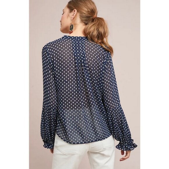 💕ANTHROPOLOGY CURRENT AIR💕 Bosworth Polka Dot Blouse ~ Navy Blue Large - Picture 2 of 13